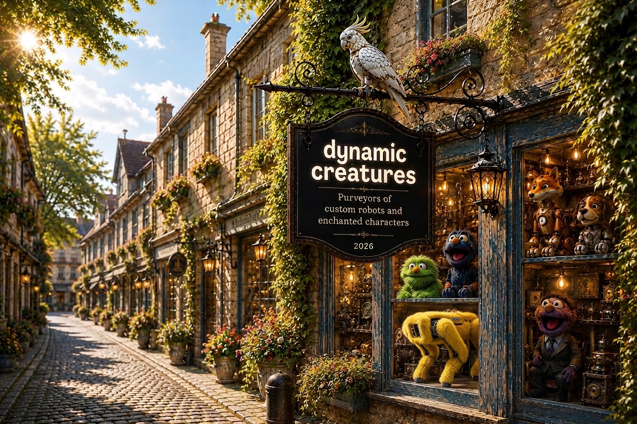 A whimsical village street with custom robotic characters from Dynamic Creatures